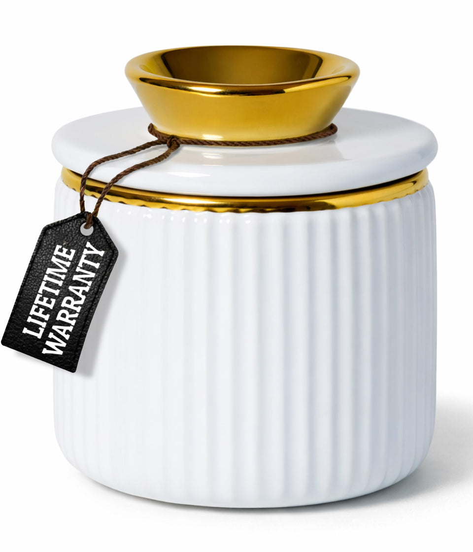 Styled Settings butter crock with lid on countertop keeps butter soft and ready to spread
