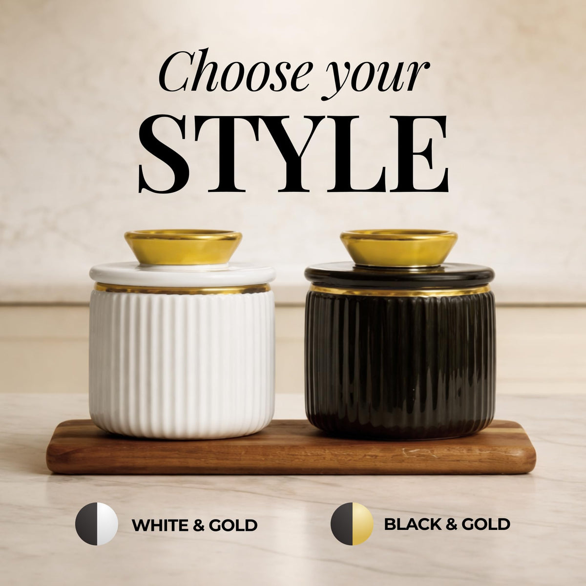 Styled Settings premium ceramic butter dish combines durability with elegant gold accents