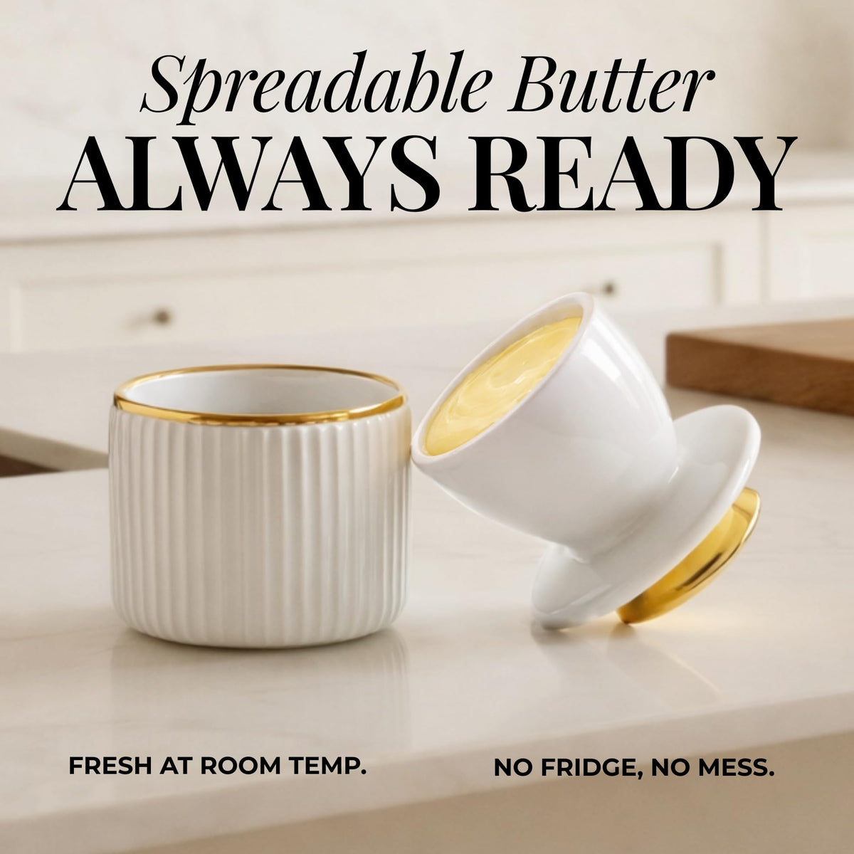 Styled Settings butter crock in white and gold finish enhances kitchen decor while storing butter