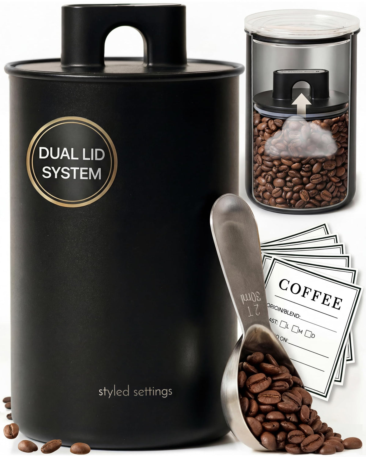 STYLED SETTINGS dual-lid vacuum coffee container preserves aroma