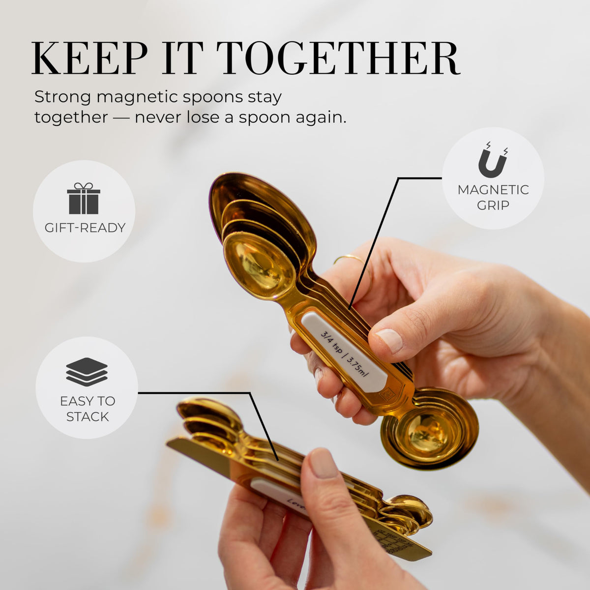 Dual-sided spoons measure spices and liquids accurately.