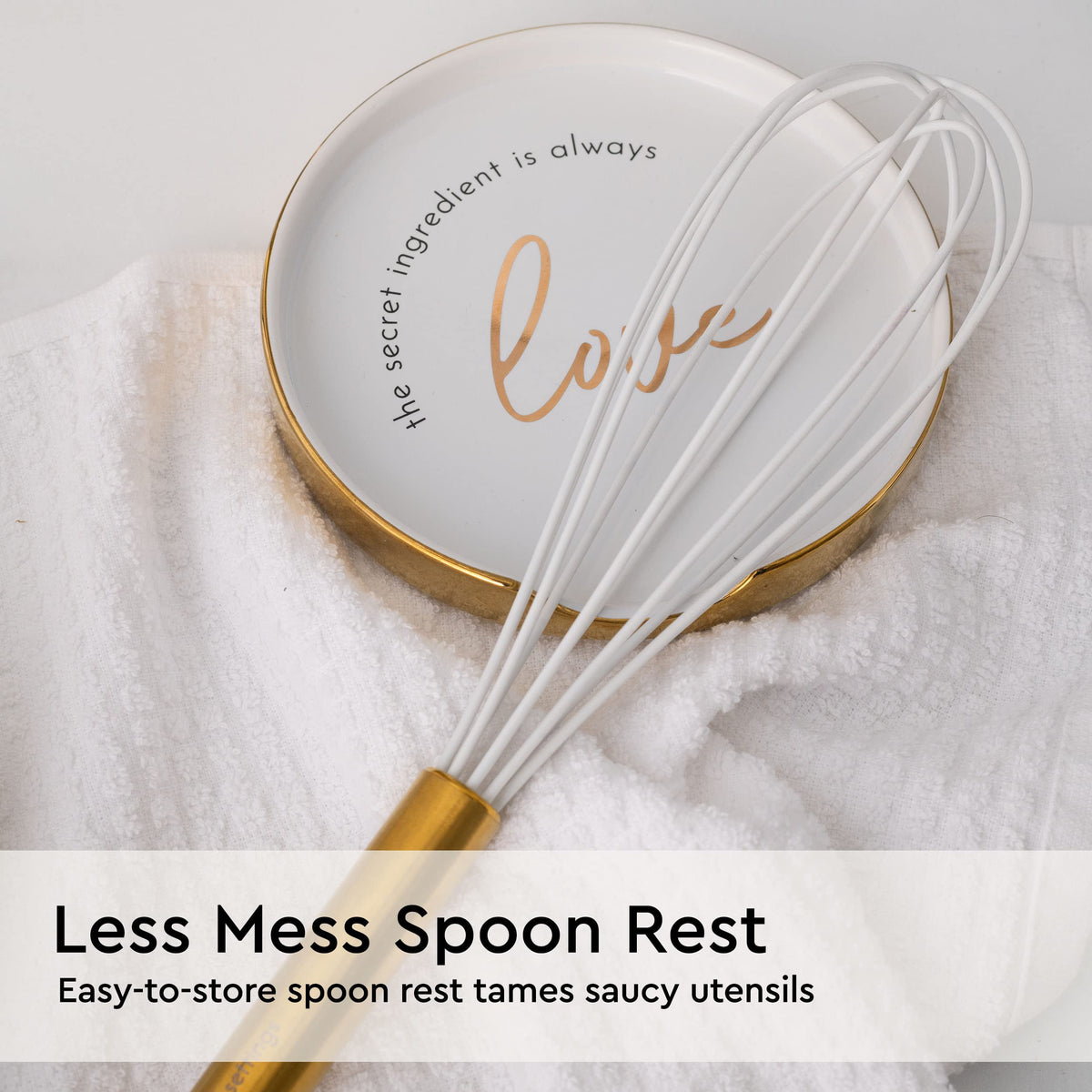 Styled Settings gold accent details add luxe styling to a white and gold kitchen