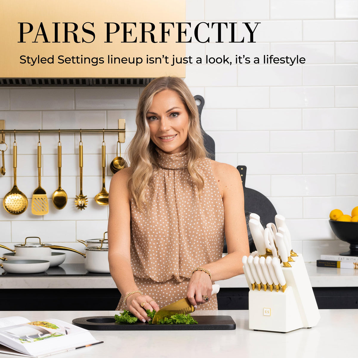 STYLED SETTINGS white and gold colorway adds luxe style to kitchen counters