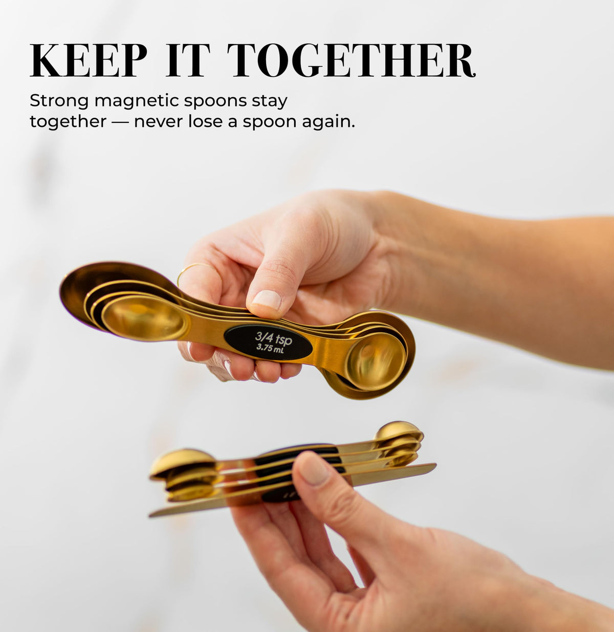 STYLED SETTINGS gold metal spoons close-up showing durable stainless steel construction.
