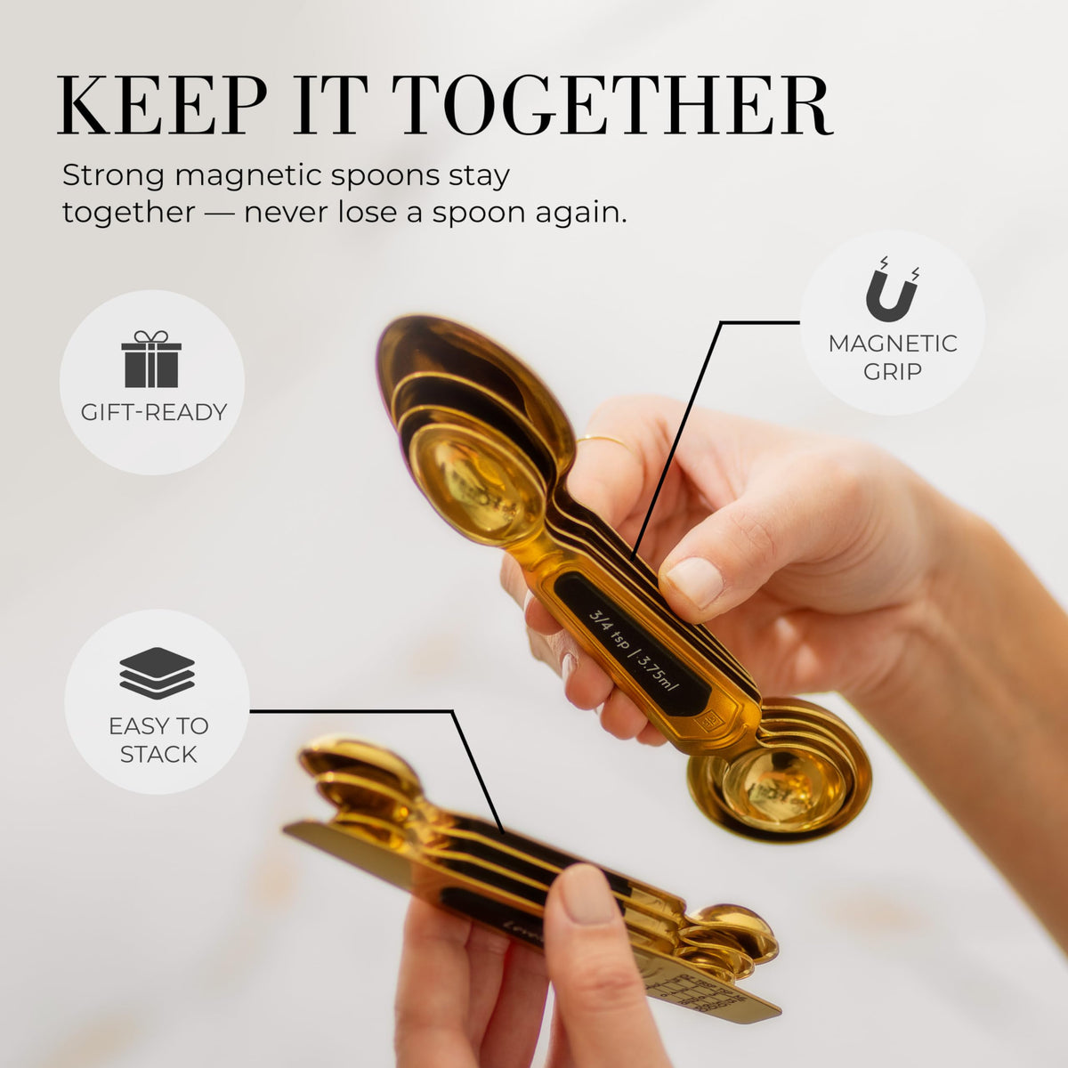 Stackable gold spoons saving drawer space and adding luxe look