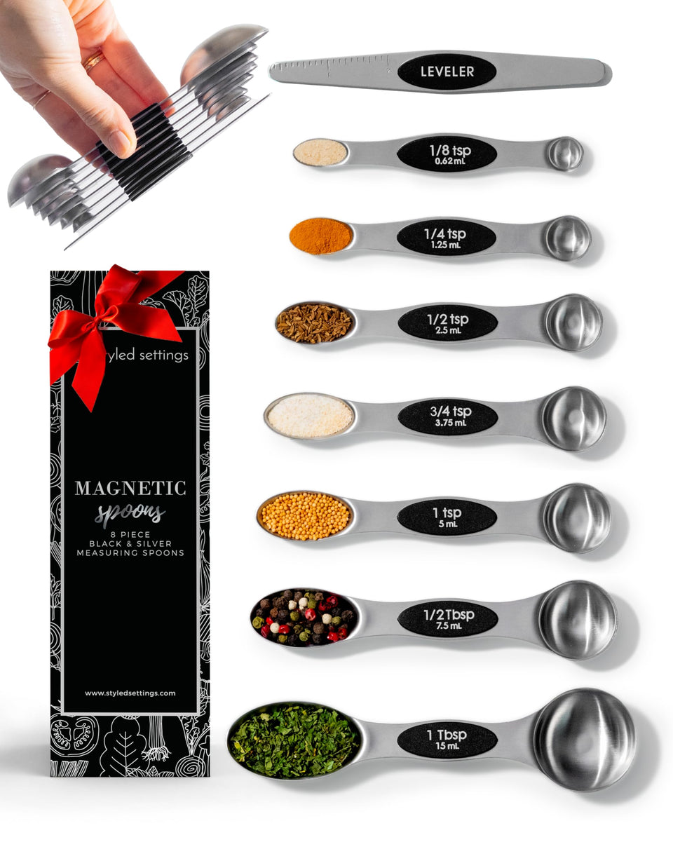 STYLED SETTINGS stainless steel magnetic measuring spoons set of 8 for easy storage.