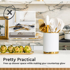 Styled Settings white and gold kitchen accessories pair with existing cookware