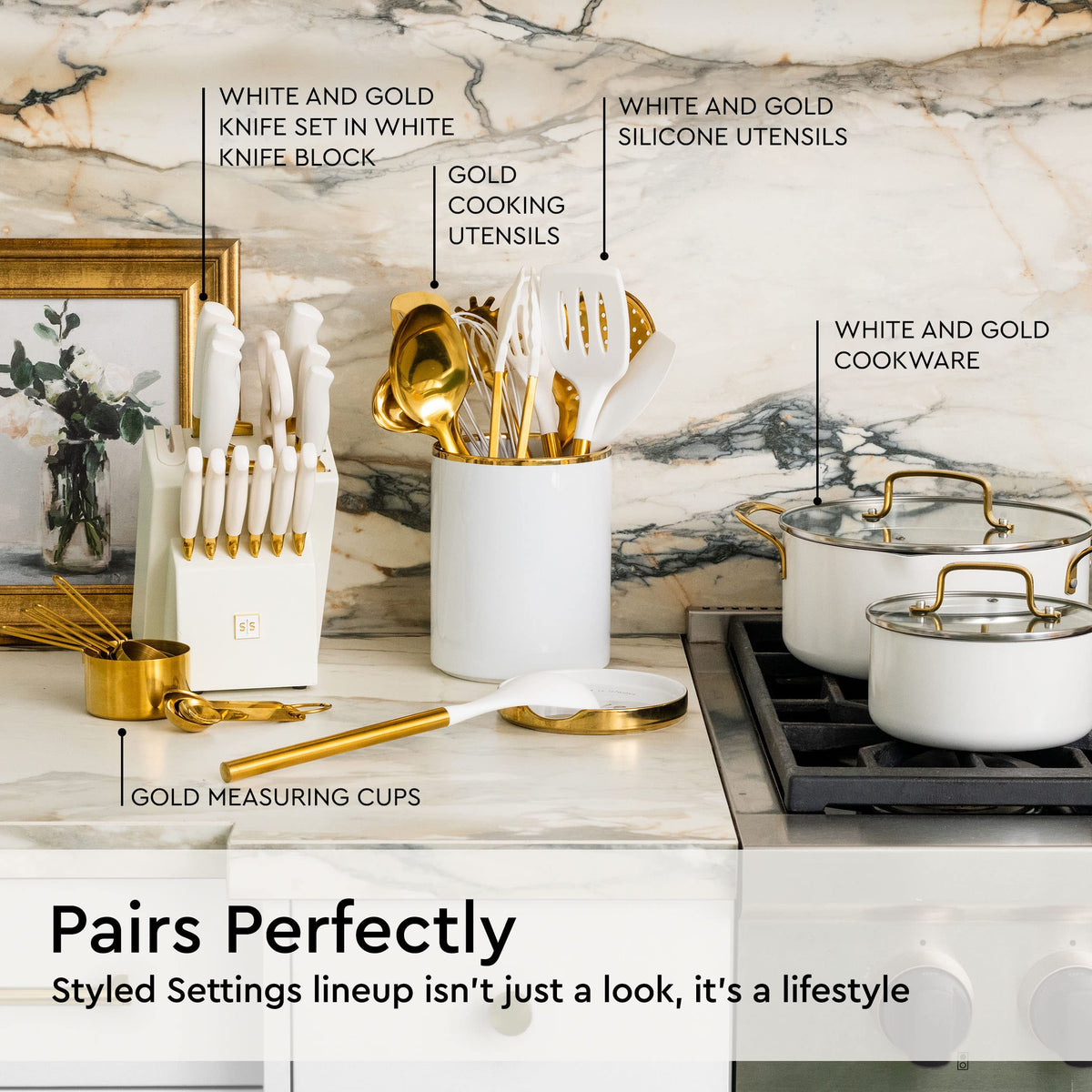 Styled Settings white ceramic utensil holder with gold accents for a modern look