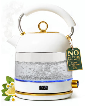 Styled Settings white electric tea kettle pour showcases sleek design and quick pour control.