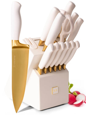 STYLED SETTINGS white and gold knife set in block, elegant display with easy daily access