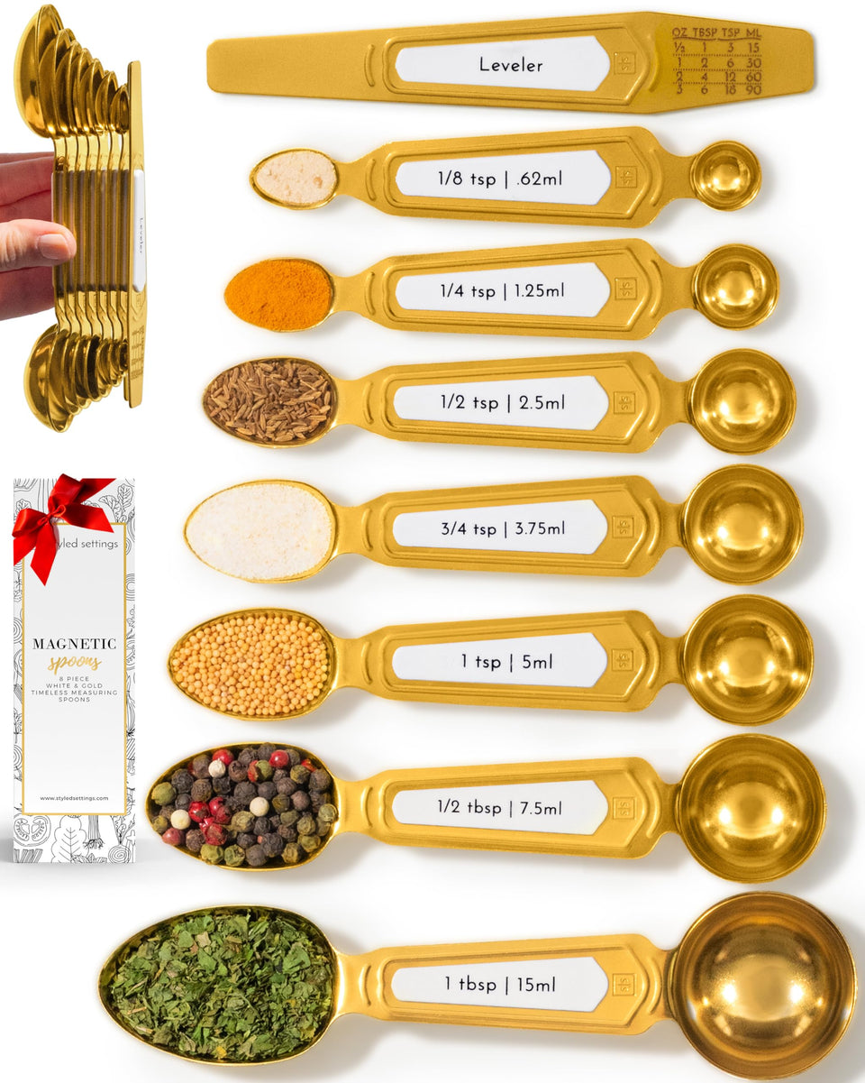 Styled Settings white-gold measuring spoons with leveler for precise prep.