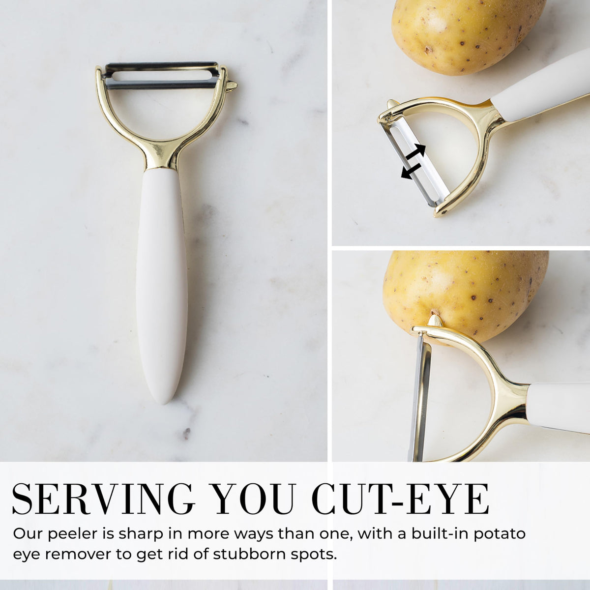 STYLED SETTINGS full set on counter highlights cohesive gold-and-white kitchen style