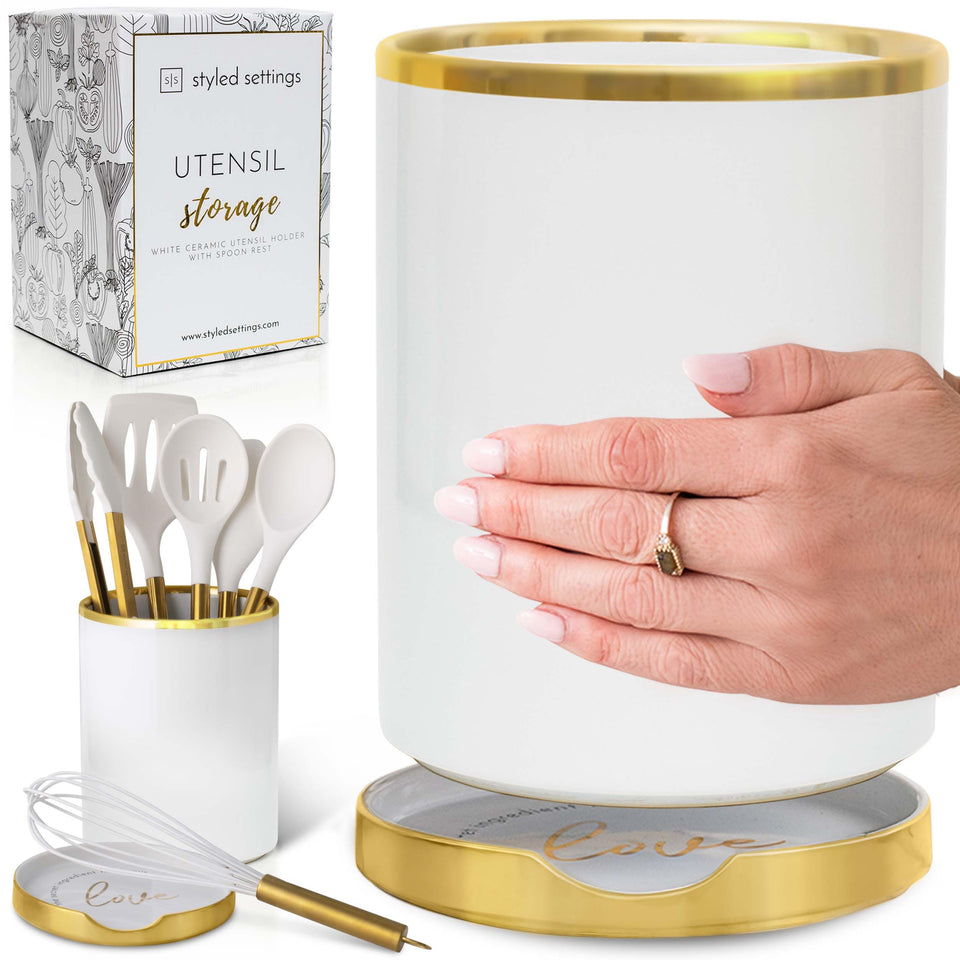 Styled Settings white utensil holder with spoon rest showcases drip protection and organization