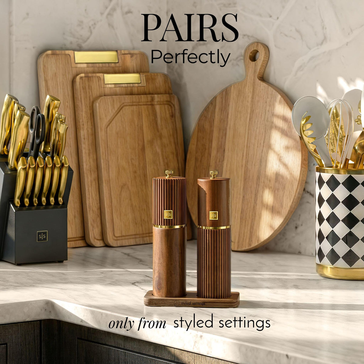 Styled Settings dark wood grinder with adjustable grind dial for fine to coarse seasoning