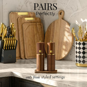 Styled Settings dark wood grinder with adjustable grind dial for fine to coarse seasoning
