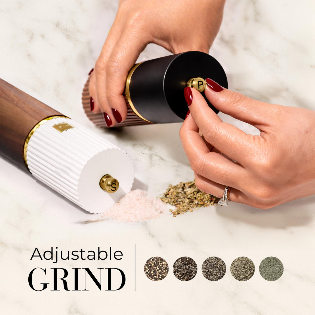 STYLED SETTINGS grinder with ceramic burr adjustment for consistent grind control.