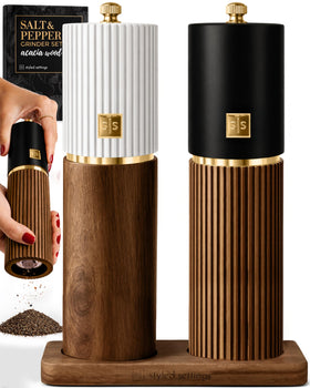 STYLED SETTINGS wooden grinder set front view in white, black, and acacia for stylish seasoning.