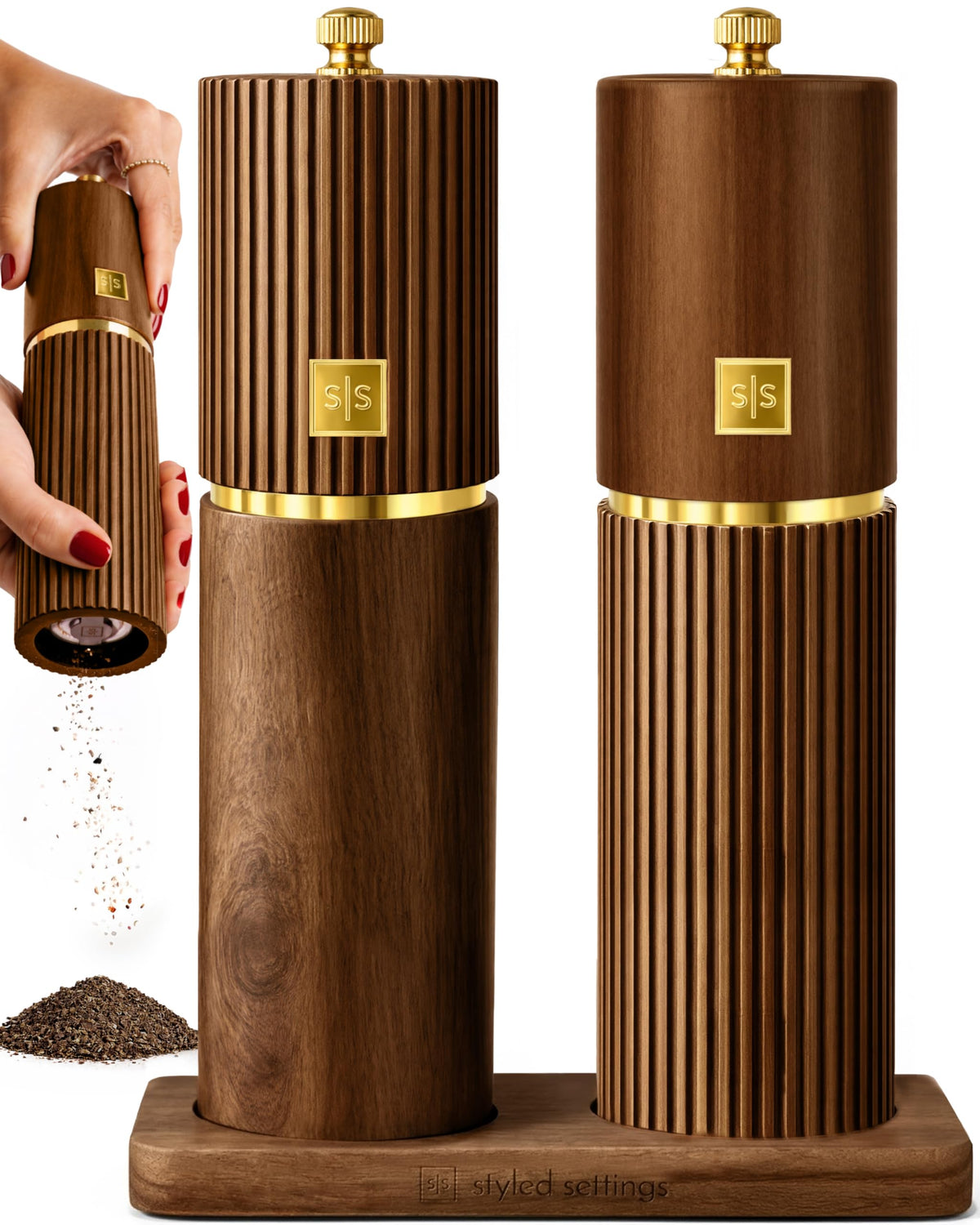 Styled Settings wooden salt and pepper grinder set base on countertop for easy access