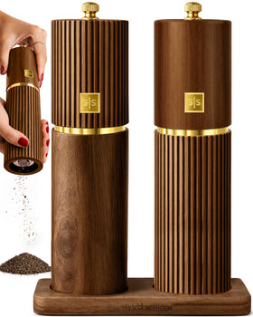 Styled Settings wooden salt and pepper grinder set base on countertop for easy access