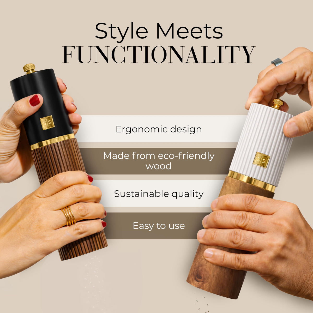 STYLED SETTINGS wood stand keeps grinders organized and within easy reach.