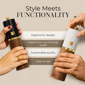 STYLED SETTINGS wood stand keeps grinders organized and within easy reach.