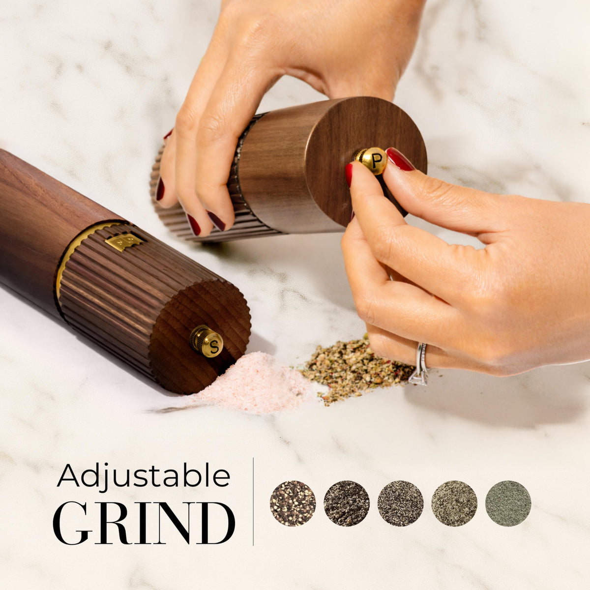 Styled Settings wooden grinders with ceramic burr offering precise grind adjustment