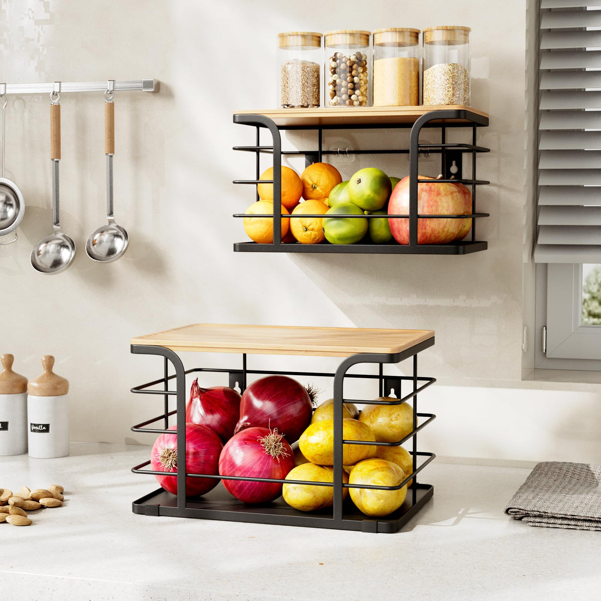 Stylstoreazy fruit and vegetable storage bin on pantry shelf