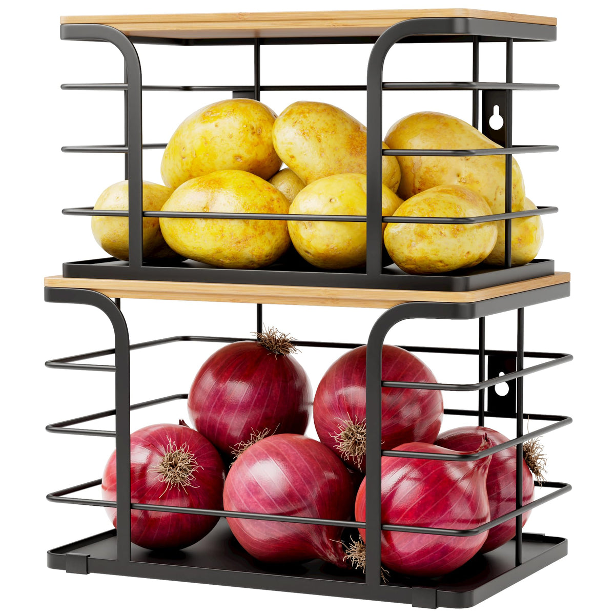 Stylstoreazy potato and onion bin front view with bamboo top for easy pantry access