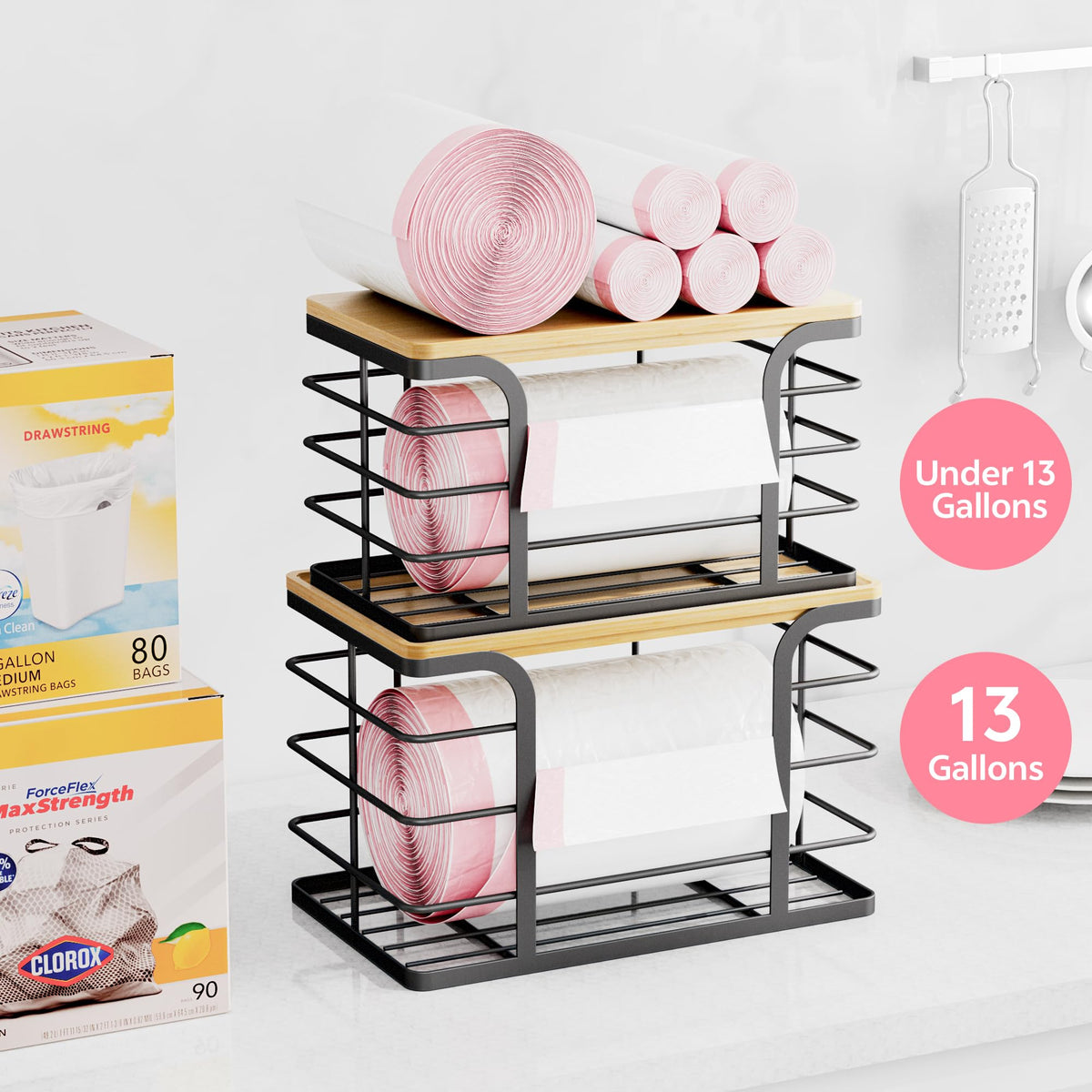 Stylstoreazy stackable trash bag holder in small size saves vertical space.