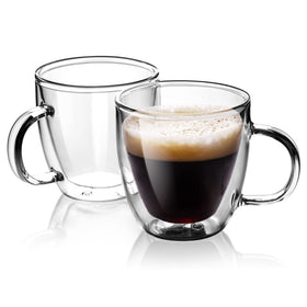 Stylusella double-wall glass coffee mug 5oz set highlights thermal insulation and style.