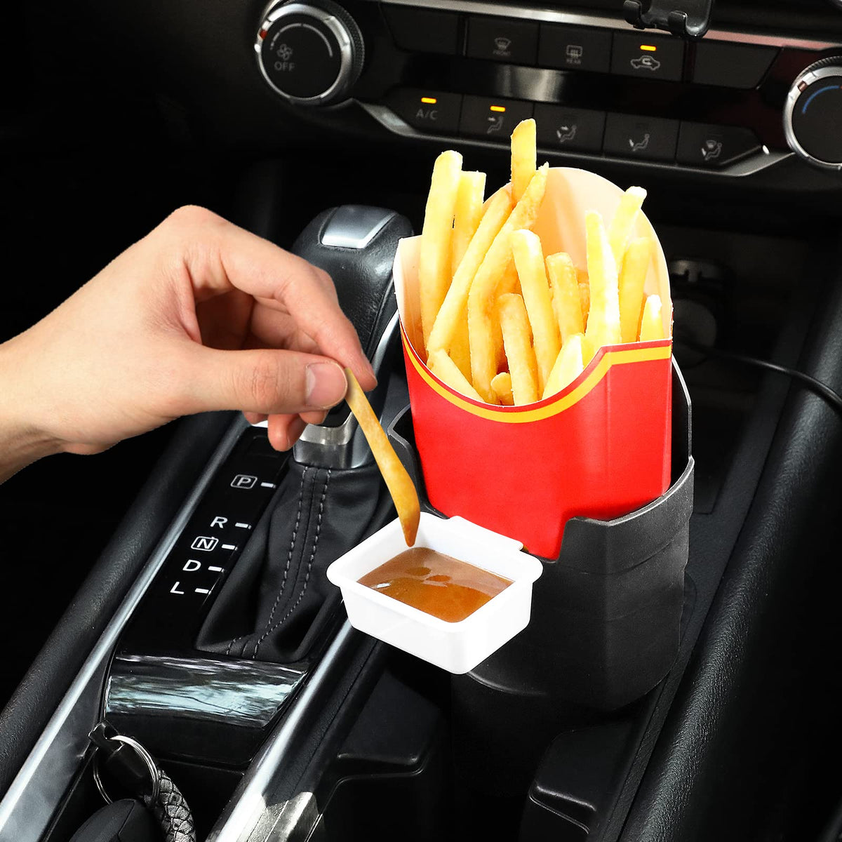 SUADEN cup-holder compatible tray transforms car cup holders into a snack station.