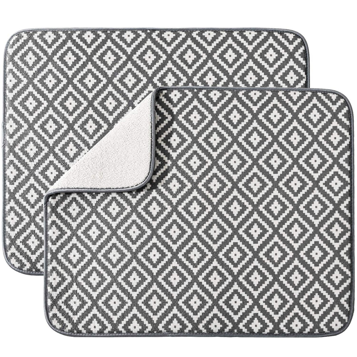 Subekyu two-pack dish drying mat on counter, rhombus shape, high absorption.