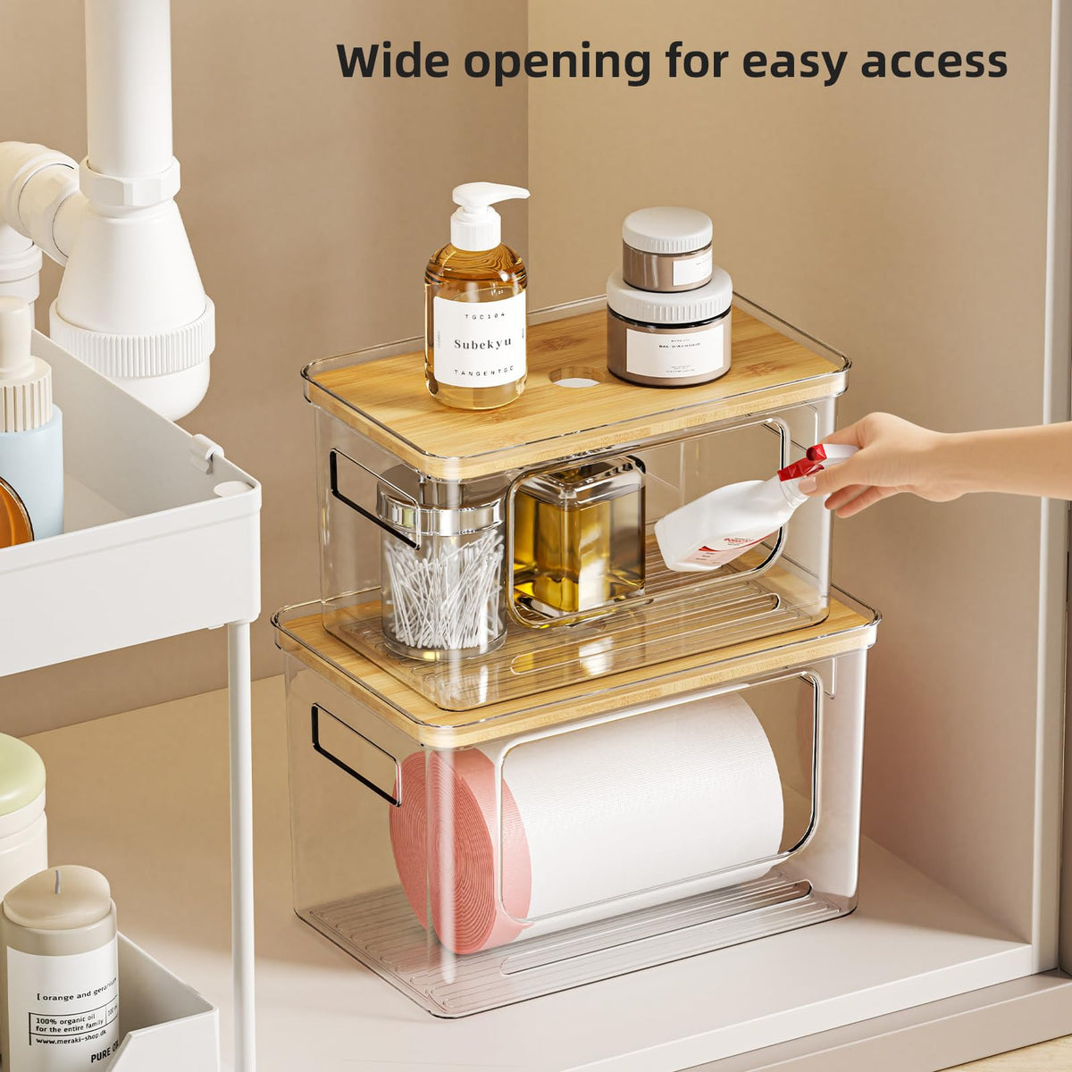 SUBEKYU bamboo-top shelf provides a compact surface for daily essentials.