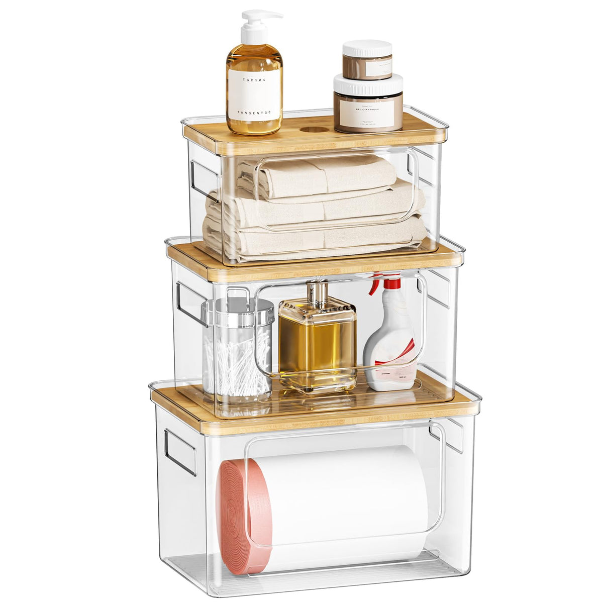 SUBEKYU under-sink organizer stacked to save cabinet space and boost accessibility.