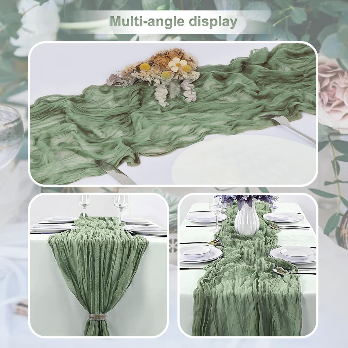 SuBleer bridal shower or garden party tables with rustic gauze runner.