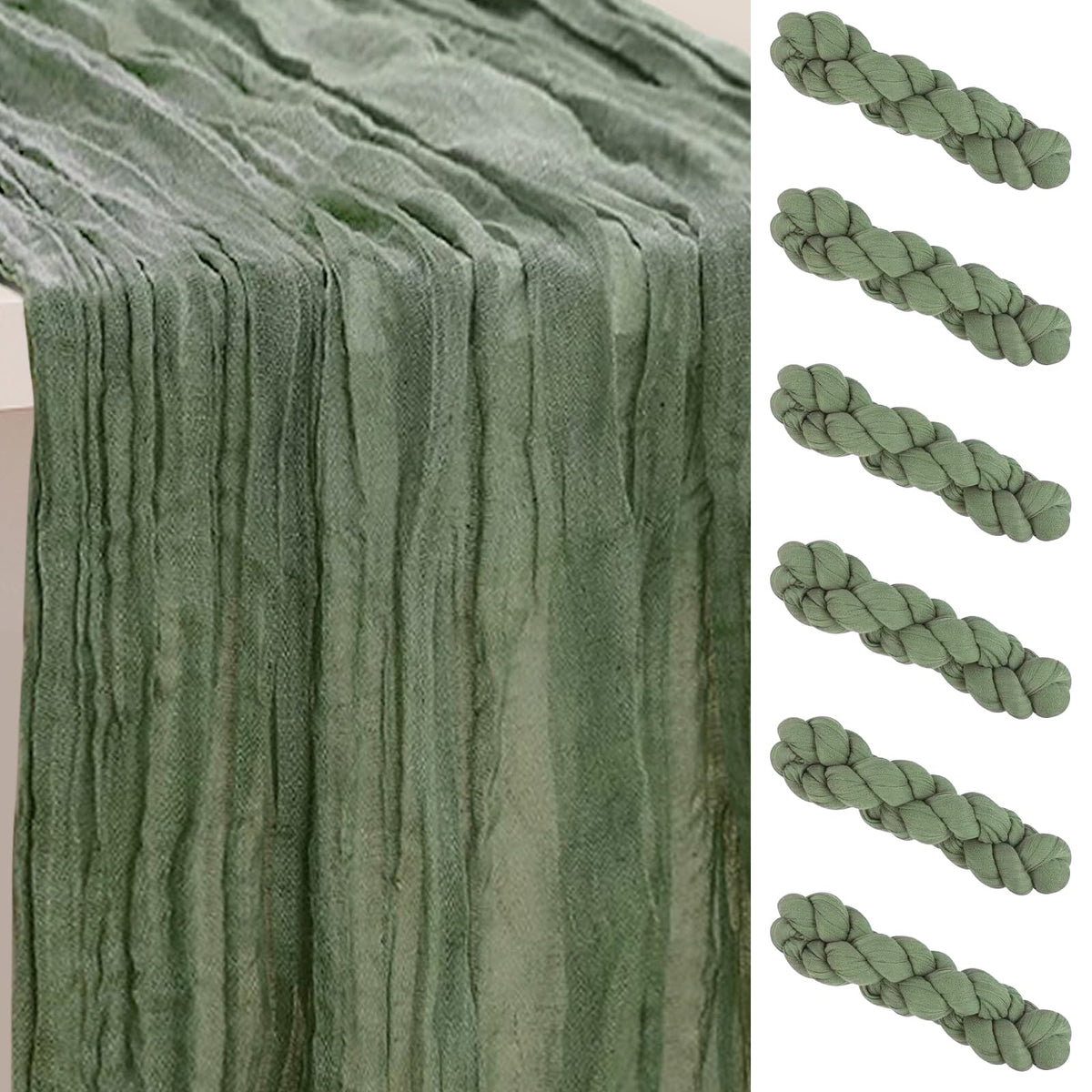 SuBleer sage green cheesecloth table runner on a formal dining table.