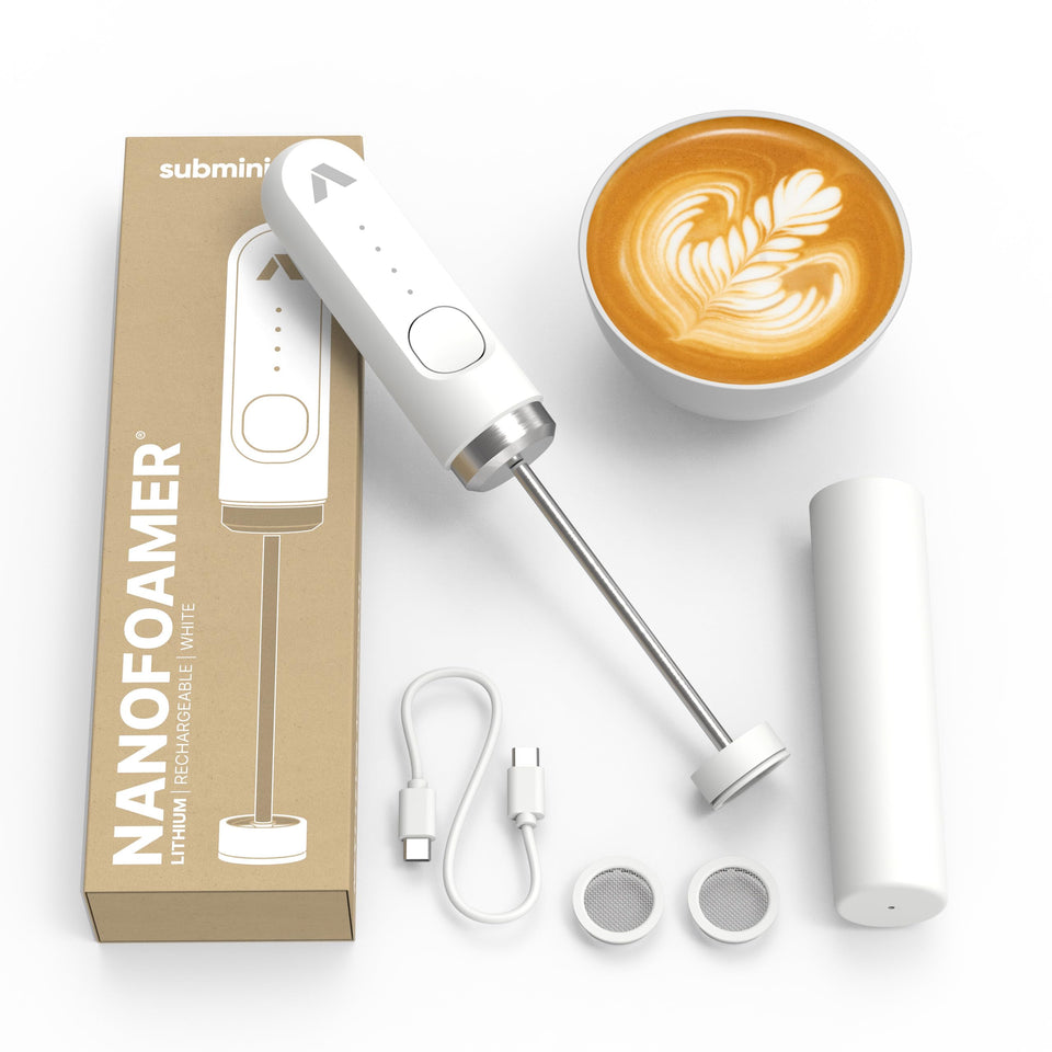 Subminimal NanoFoamer with lithium battery delivers long cordless power for cafe-quality microfoam.