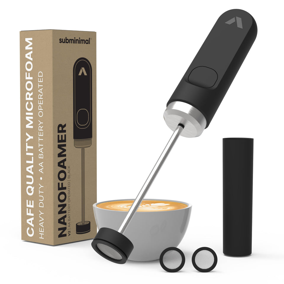 Subminimal NanoFoamer V2 front view shows compact home barista tool.
