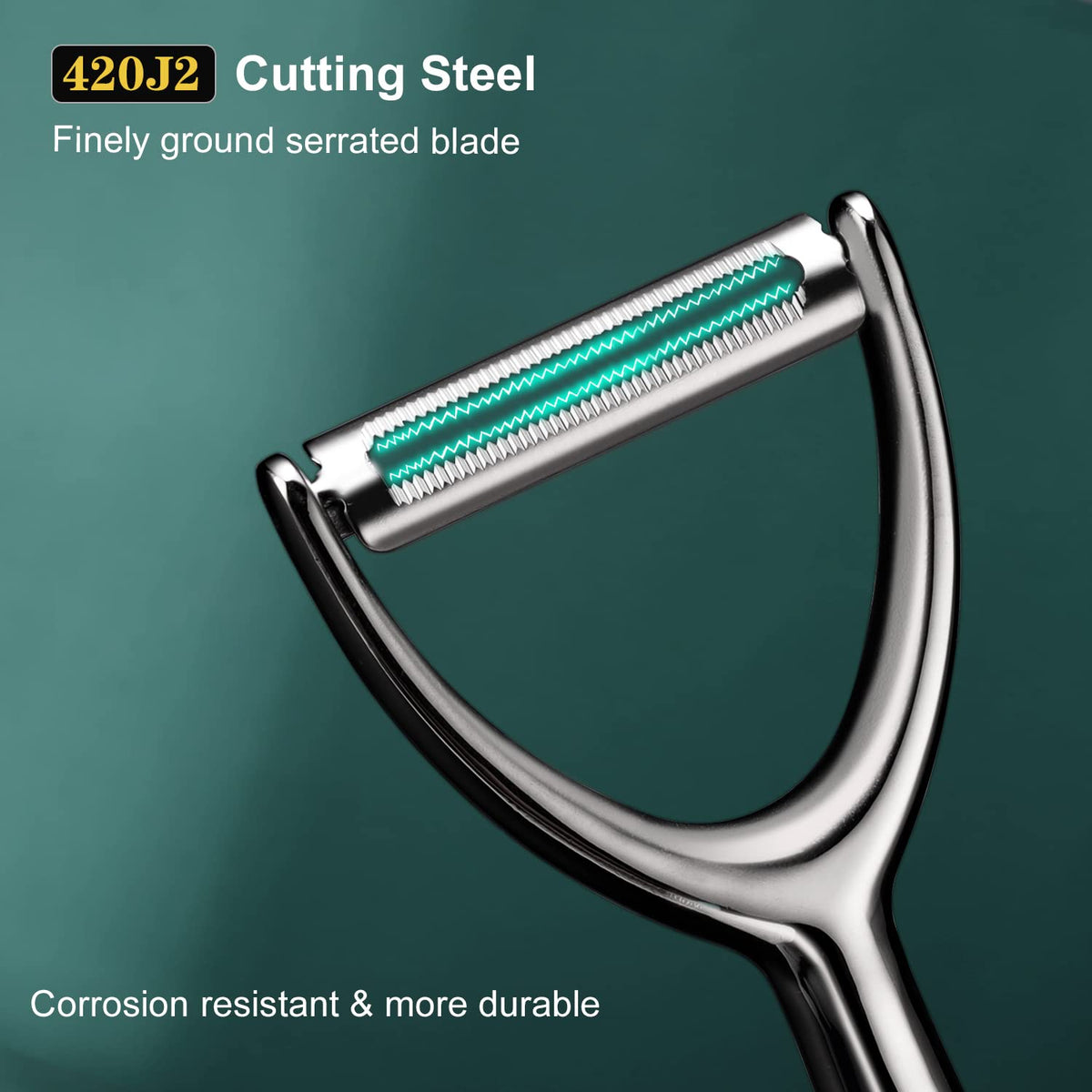 SUCCFLY peeler swivel blade captures curves of fruit and veg.