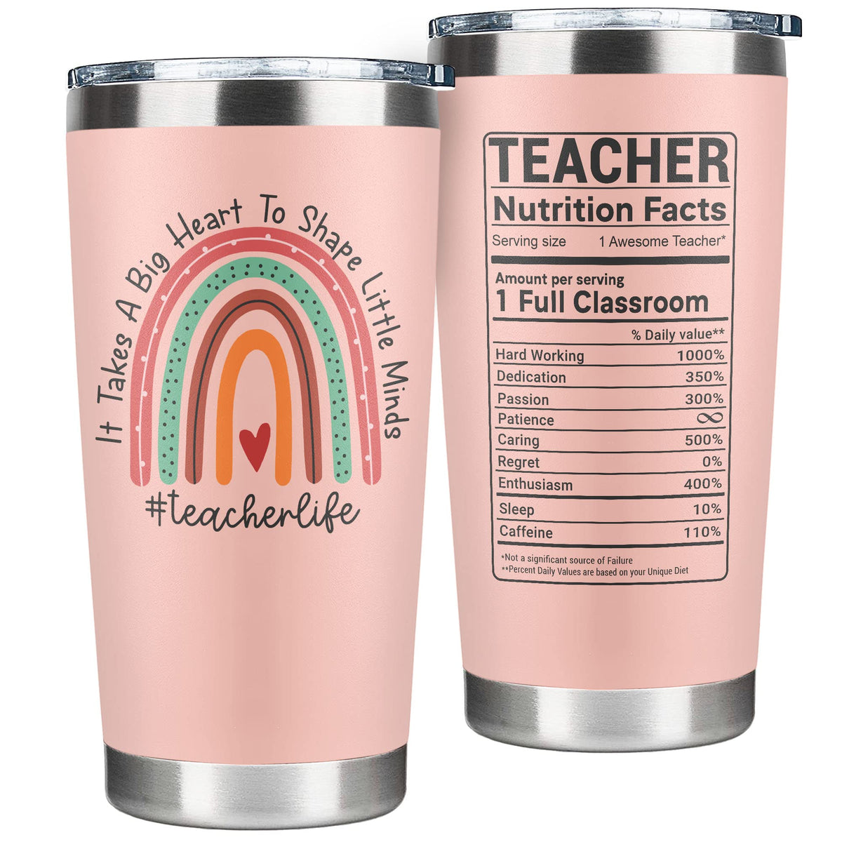 Suchagift pink 18oz teacher tumbler close-up showcasing durable stainless steel