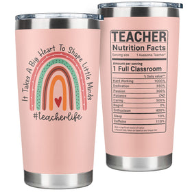 Suchagift pink 18oz teacher tumbler close-up showcasing durable stainless steel