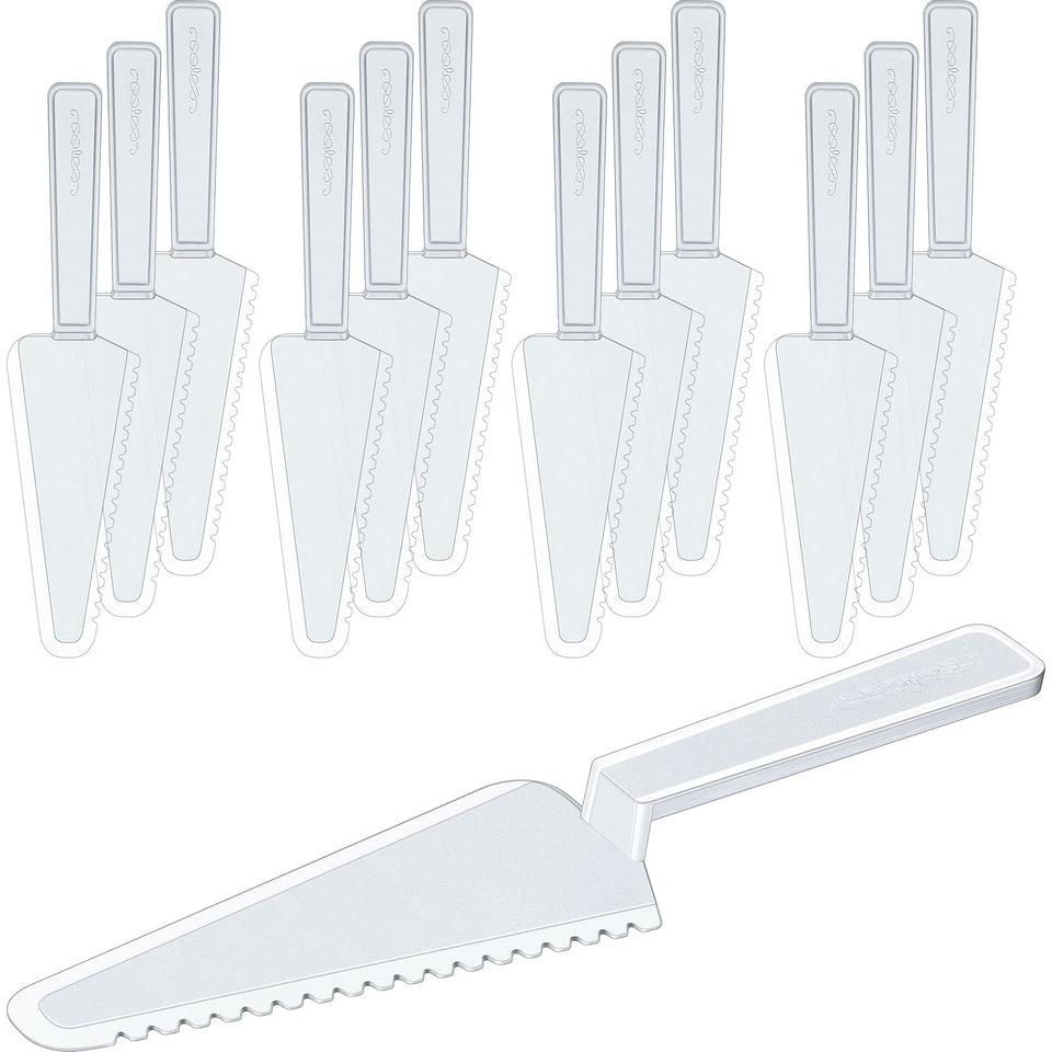 Suclain 50-piece clear disposable cake knife set with a 9.1 inch blade for quick service.
