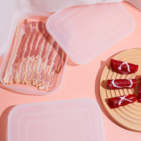 Suclain Bacon Keeper dimensions 9.65 x 7.28 x 1.38 inches fits shallow shelves.