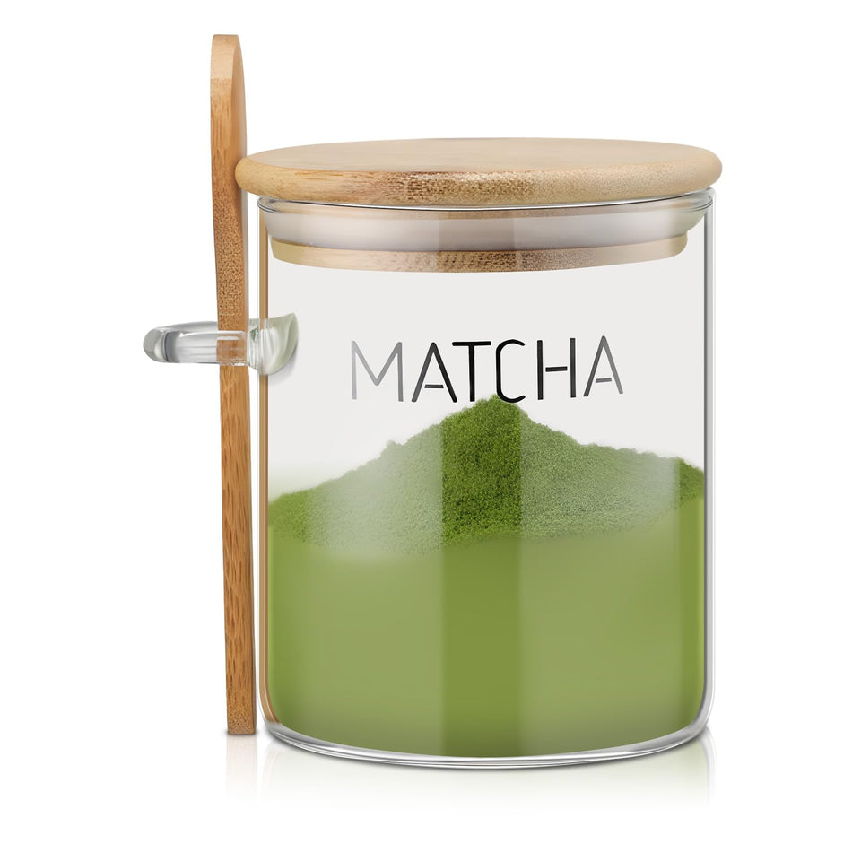 Suclain 15 oz matcha glass jar with airtight wooden lid, showcasing fresh contents.
