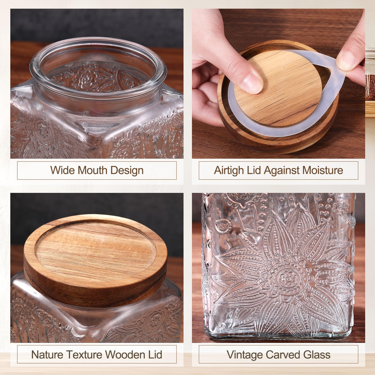 Embossed sunflower detail on Suclain glass jar adds vintage charm