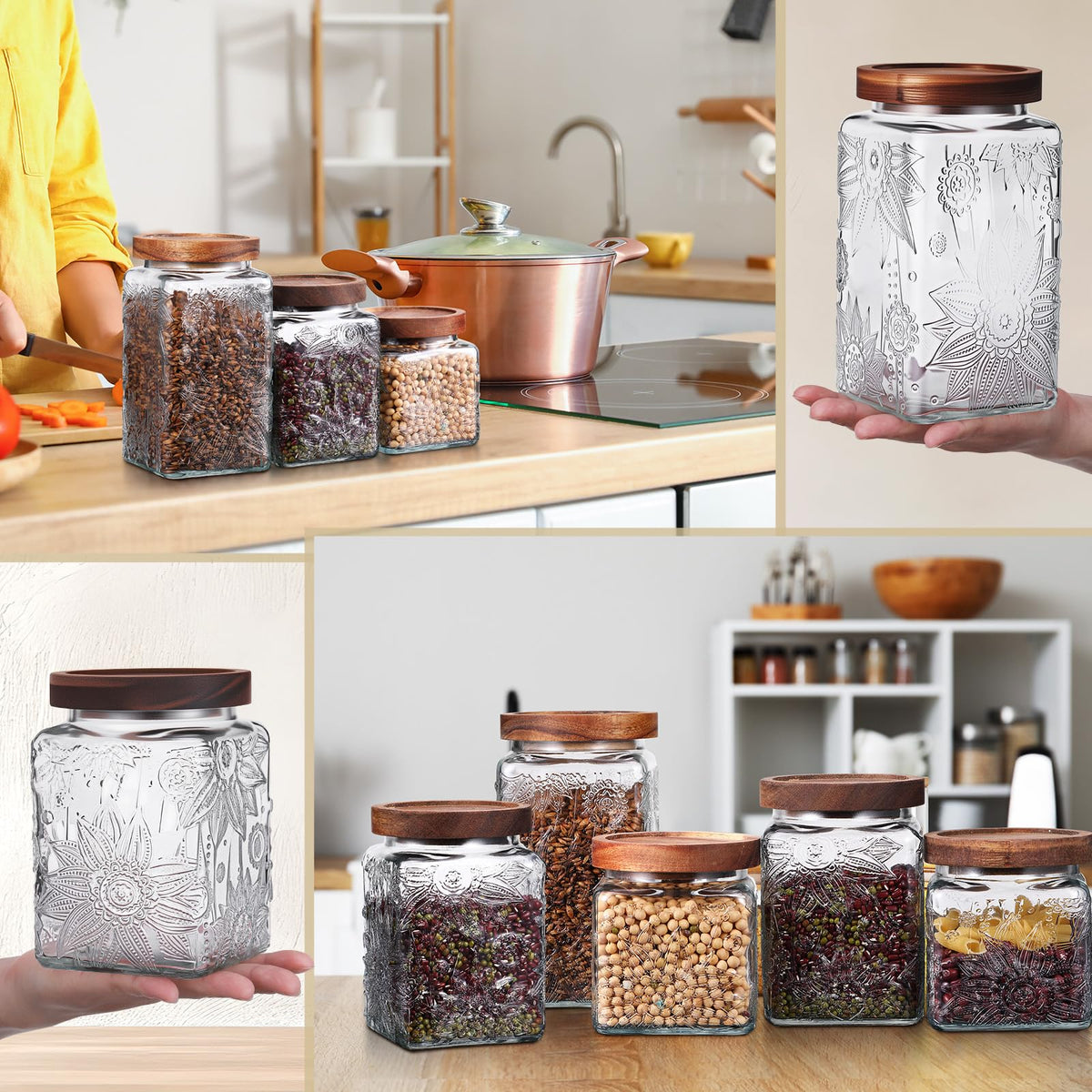 Square jars from Suclain provide decorative storage on counters