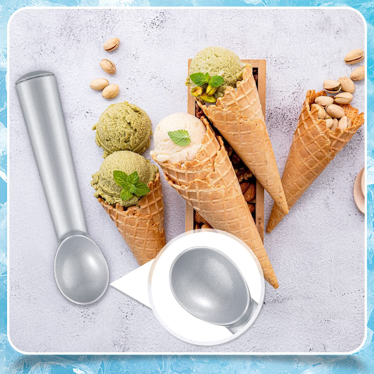 Suclain nonstick scoop minimizes mess while serving sorbet or cookies.