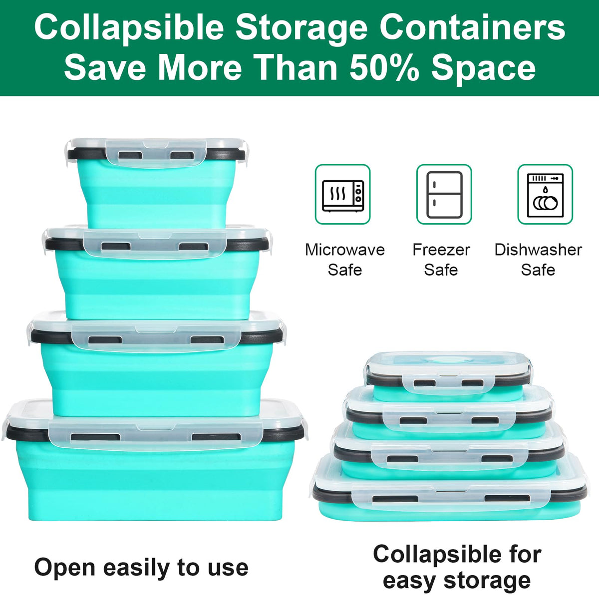 Sudaya 27oz collapsible container folded compact for larger portions and fridge organization.