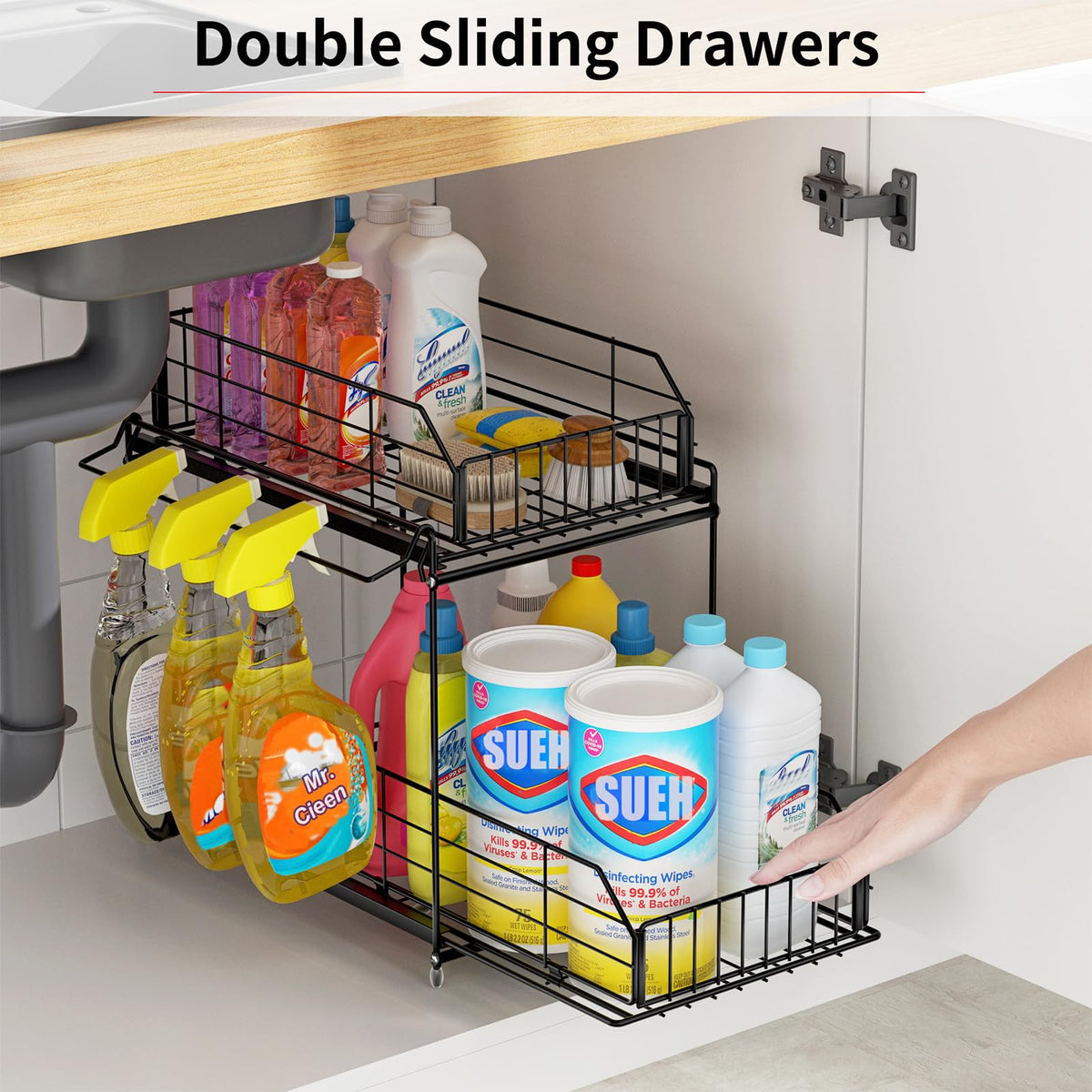 Sliding drawers with stopping rods keep contents accessible without pulling out fully.