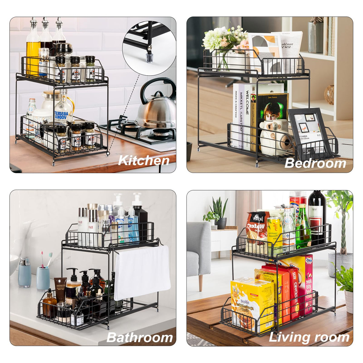 Bottom drawer fits full-size cleaner bottles for easy access.